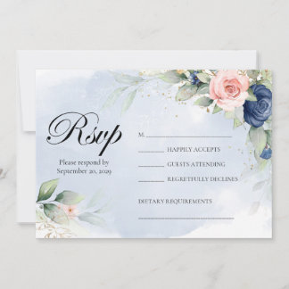 Navy and Blush Floral Wedding RSVP Kaart