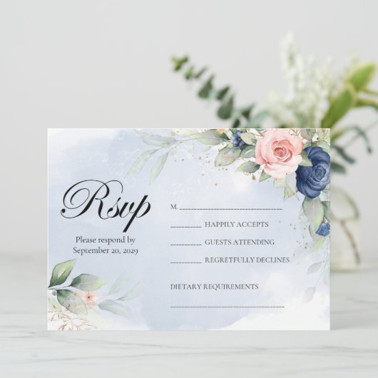 Navy and Blush Floral Wedding RSVP Kaart (Staand voorkant)