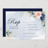 Navy and Blush Floral Wedding RSVP Kaart (Voorkant / Achterkant)