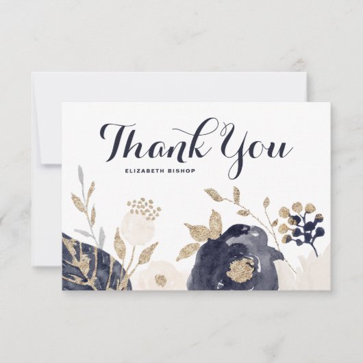 Navy and Blush Flowers Gold Foil Accents Bedankkaart (Voorkant)