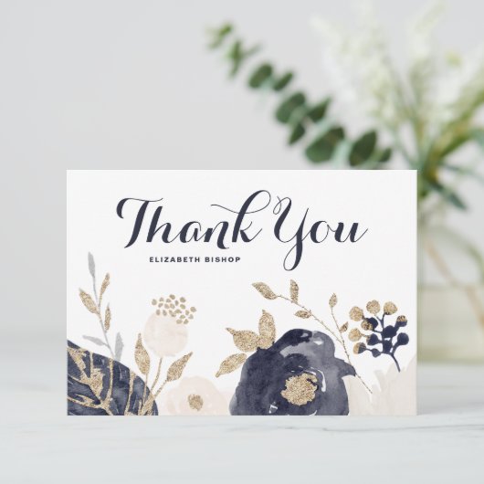Navy and Blush Flowers Gold Foil Accents Bedankkaart (Staand voorkant)