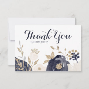 Navy and Blush Flowers Gold Foil Accents Bedankkaart