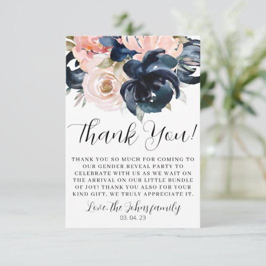 Navy and Blush gender onthullen Dank je wel. Bedankkaart (Staand voorkant)