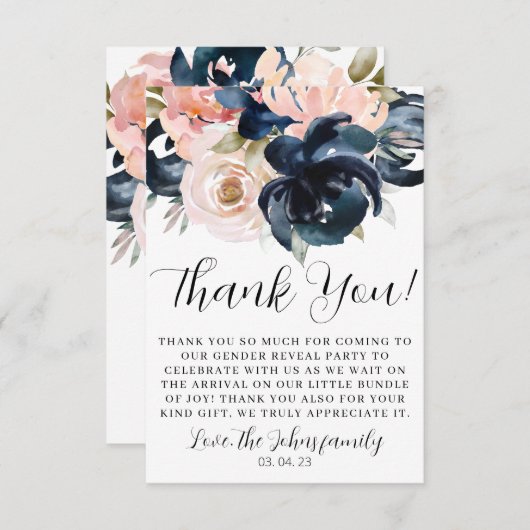 Navy and Blush gender onthullen Dank je wel. Bedankkaart (Voorkant / Achterkant)