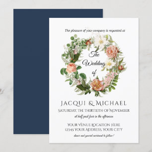 Navy and Blush Ivory Rozen w Fern Wreath Wedding Kaart