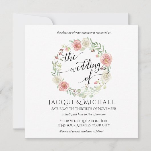 Navy and Blush Ivory Rozen w Leaf Square Wedding Kaart (Voorkant)