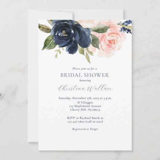 Navy and Blush Modern Bridal Shower Invitation Kaart (Voorkant)