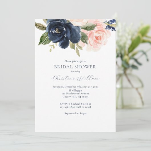 Navy and Blush Modern Bridal Shower Invitation Kaart (Staand voorkant)
