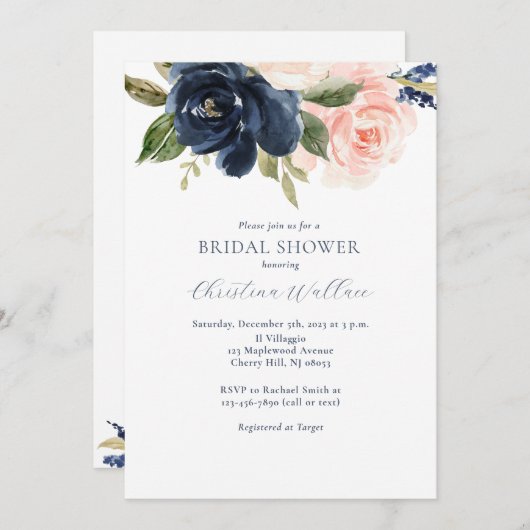 Navy and Blush Modern Bridal Shower Invitation Kaart (Voorkant / Achterkant)