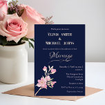 Navy and blush roze goud folie feestdagenkaart<br><div class="desc">Zeemacht en wazige roze appelbloemen Echte folie roos goud</div>