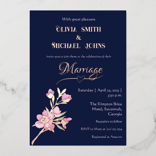 Navy and blush roze goud folie feestdagenkaart (Voorkant)