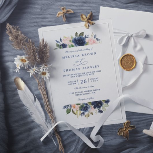 Navy and Blush Rustic Elegant Chic QR Code Wedding Kaart