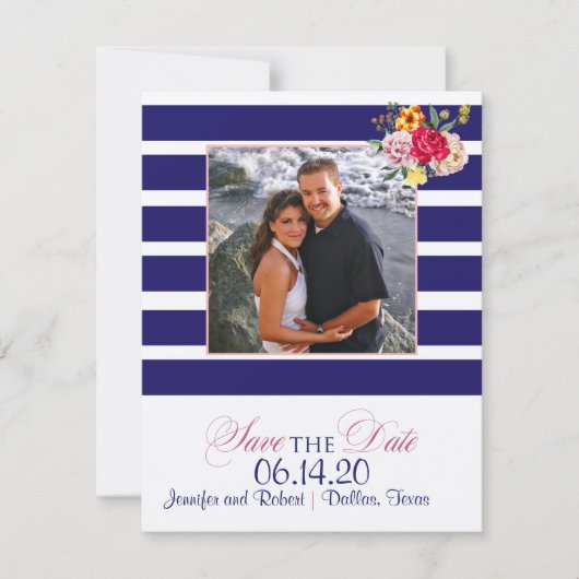 Navy and Blush Stripe Wedding Save the Date (Voorkant)