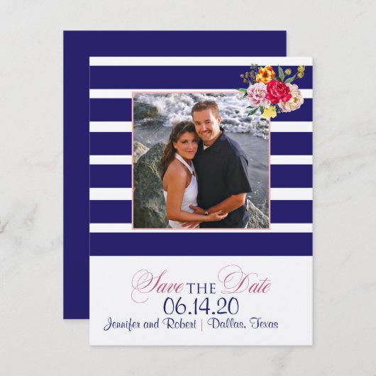 Navy and Blush Stripe Wedding Save the Date (Voorkant / Achterkant)