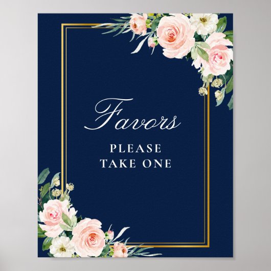 Navy and Blush waterverf bloemenvoorkeursbord Poster (Voorkant)
