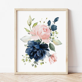 Navy and Blush Waterverf Flowers, Girl Nursery Foto Afdruk