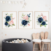 Navy and Blush Waterverf Flowers, Girl Nursery Muurkunst Sets
