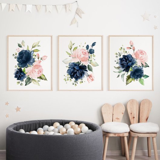 Navy and Blush Waterverf Flowers, Girl Nursery Muurkunst Sets