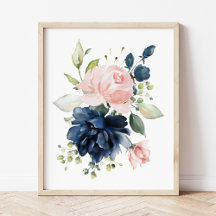 Navy and Blush Waterverf Flowers, Girl Nursery