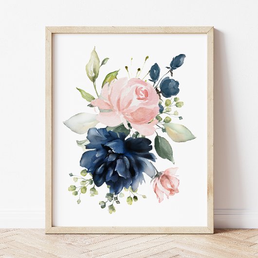 Navy and Blush Waterverf Flowers, Girl Nursery Poster