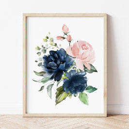 Navy and Blush Waterverf Flowers, Girl Nursery Poster