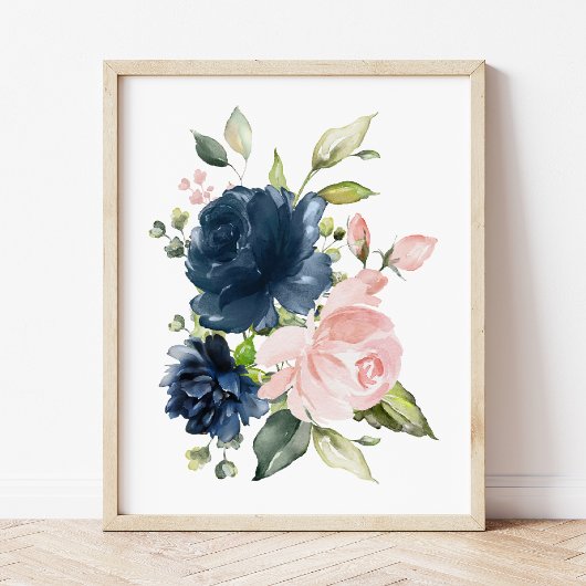 Navy and Blush Waterverf Flowers, Girl Nursery Poster
