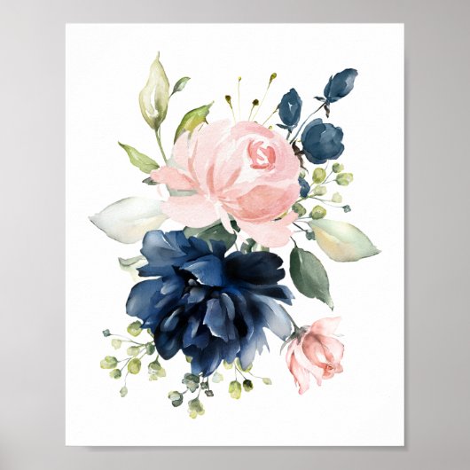 Navy and Blush Waterverf Flowers, Girl Nursery Poster (Voorkant)