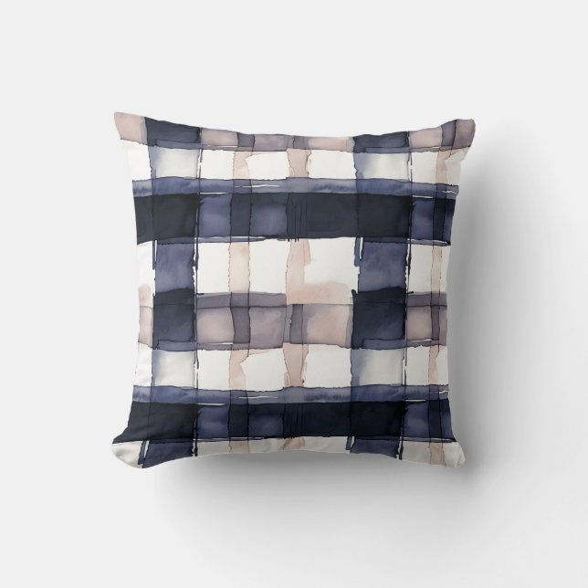 Navy and Blush Waterverf Plaid Sierkussen (Voorkant)