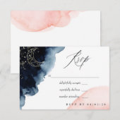 Navy and Blush Waterverf Wedding RSVP Kaartje (Voorkant / Achterkant)
