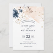 Navy and Blush with Hand Drawn Flowers Wedding Kaart (Voorkant)