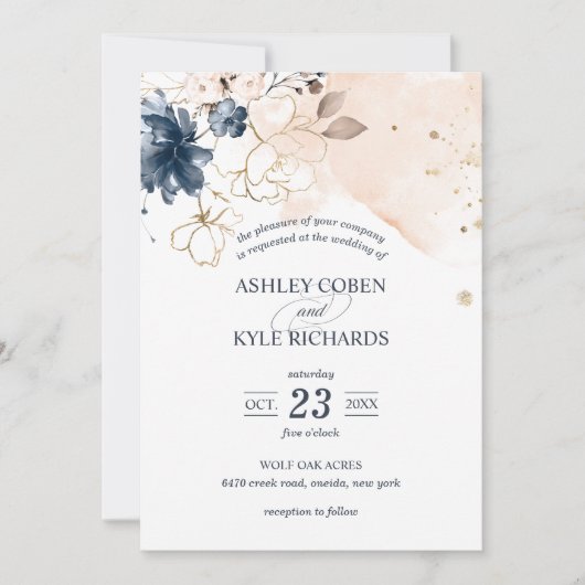 Navy and Blush with Hand Drawn Flowers Wedding Kaart (Voorkant)
