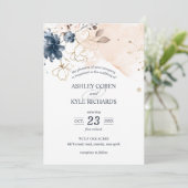 Navy and Blush with Hand Drawn Flowers Wedding Kaart (Staand voorkant)