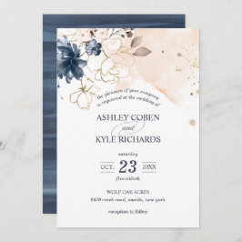 Navy and Blush with Hand Drawn Flowers Wedding Kaart