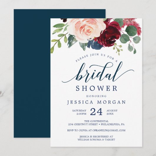 Navy and Burgundy Vrijgezellenfeest Invites Kaart (Voorkant / Achterkant)