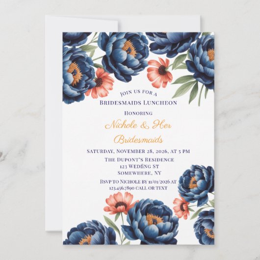 Navy and Burnt Orange Floral Bachelorette Party  Kaart (Voorkant)