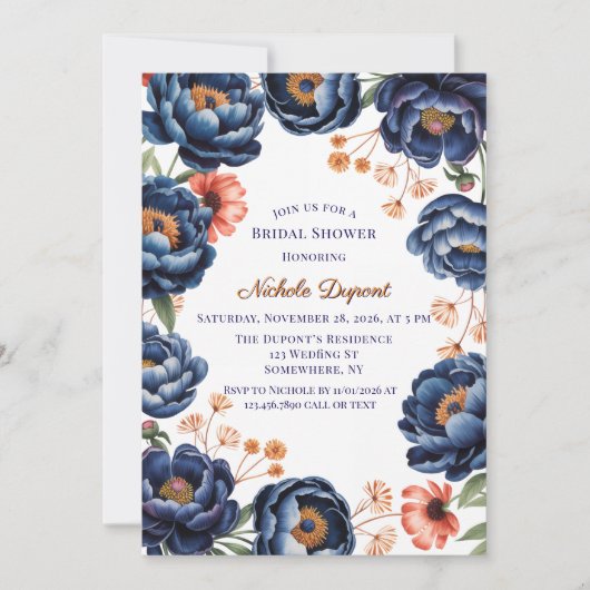 Navy and Burnt Orange Floral Bridal Shower Kaart (Voorkant)