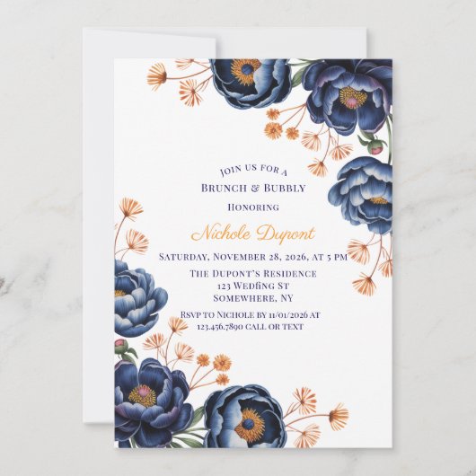 Navy and Burnt Orange Floral Brunch & Bubbly Kaart (Voorkant)