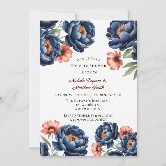 Navy and Burnt Orange Floral Couples Shower Kaart (Voorkant)