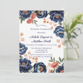 Navy and Burnt Orange Floral Wedding Celebration Kaart (Staand voorkant)