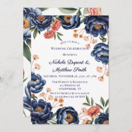 Navy and Burnt Orange Floral Wedding Celebration Kaart