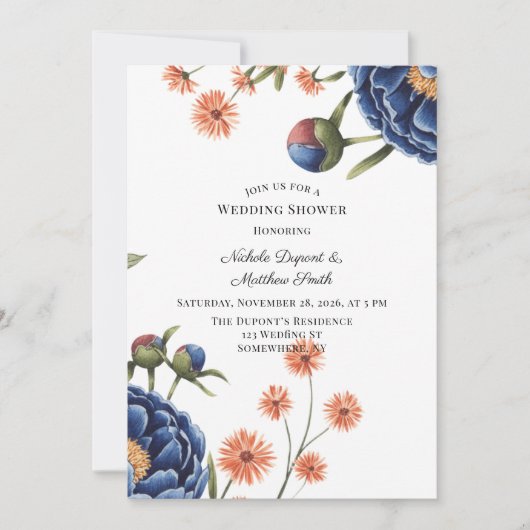 Navy and Burnt Orange Floral Wedding Shower Kaart (Voorkant)