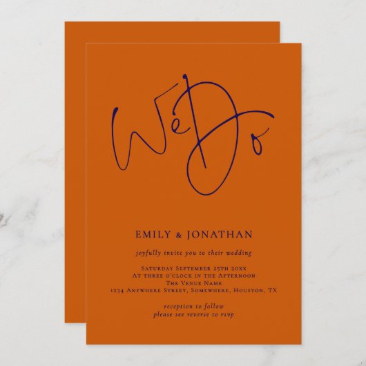 Navy and Burnt Oranje Script We Do QR Code Wedding Kaart (Voorkant / Achterkant)