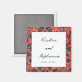 Navy and Coral Damask Wedding Magnet Favor (Voorkant / Achterkant)