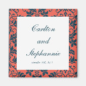 Navy and Coral Damask Wedding Magnet Favor (Voorkant)