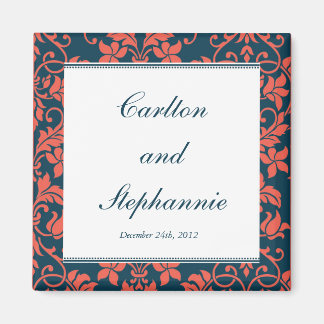 Navy and Coral Damask Wedding Magnet Favor