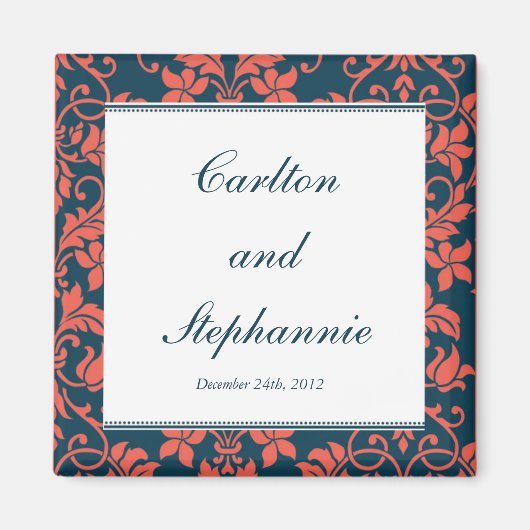 Navy and Coral Damask Wedding Magnet Favor (Voorkant)