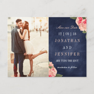 Navy and Coral Floral Save the Date Briefkaart
