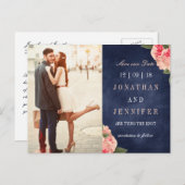 Navy and Coral Floral Save the Date Briefkaart (Voorkant / Achterkant)