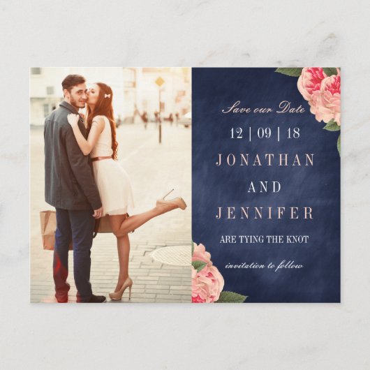 Navy and Coral Floral Save the Date Briefkaart (Voorkant)