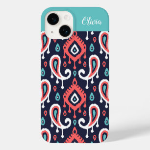 Navy and Coral Ikat Paisley Monogram Case-Mate iPhone 14 Hoesje